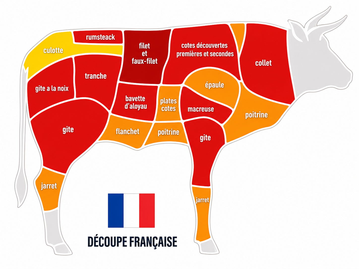 Schéma de la découpe française du bœuf, morceaux nommés et colorés par catégorie